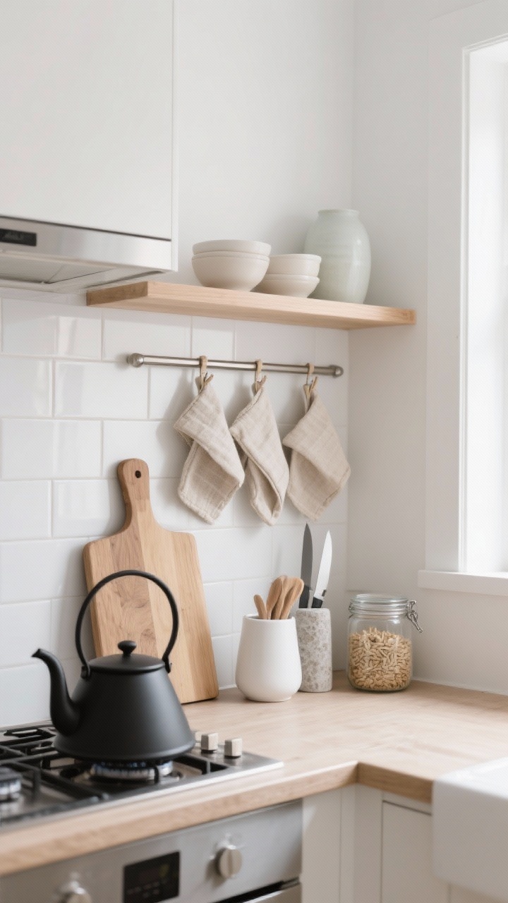 Photorealistic medium shot of a serene Scandinavian soft-modern apartment kitchen corner: light oak cutting boards leaning against a white subway-tile backsplash, a matte black gooseneck kettle by the stove, trio of flax linen pot holders clipped on a slim rail, white ceramic utensil crock, narrow magnetic knife strip, pale stone salt cellar, and a slim oak floating shelf with pale ceramics and glass jars of oats; bright natural light, minimal gloss, soft textures, calm mood.