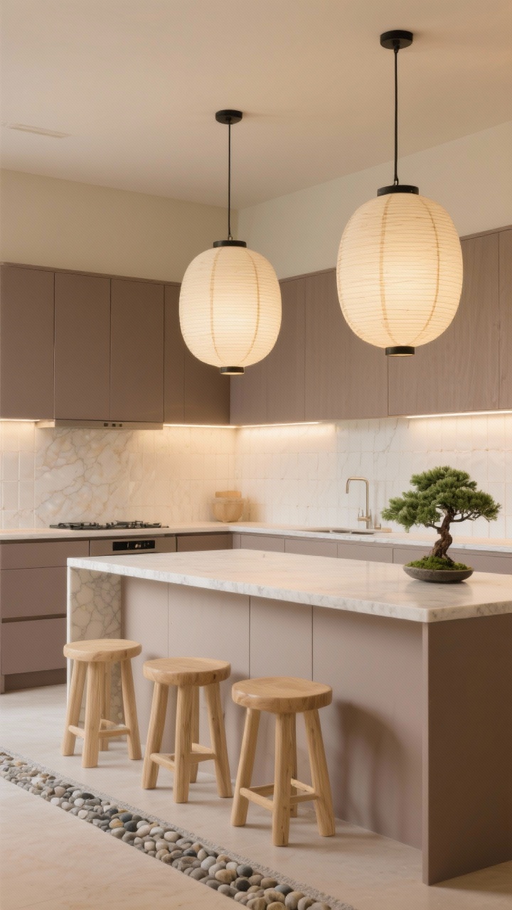 Photorealistic medium shot of a soft minimalist Zen kitchen: warm beige walls, taupe cabinetry, oyster-toned quartz counters, bone-white ceramic backsplash. Two oversized rice-paper lantern pendants hover over the main workspace, casting diffused, ultra-warm light. Low-lumen under-cabinet LEDs add subtle illumination. Include blonde wood stools, a pebble-colored runner, and a small bonsai or jade plant. Serene, gentle textures, no harsh glare.