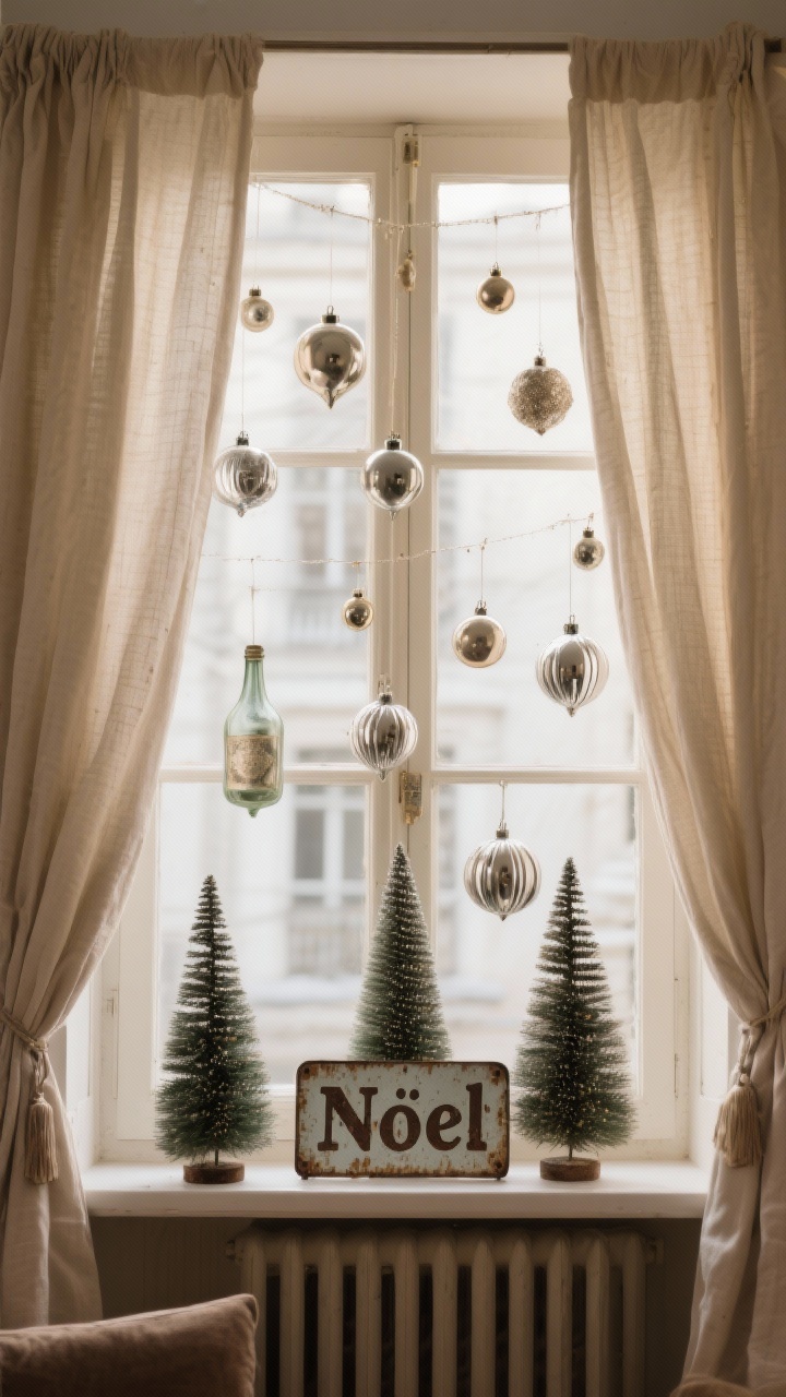 Photorealistic medium shot of a Vintage Noel window: neutral oatmeal linen curtains framing a display of mercury glass ornaments and retro baubles hung at varied heights; on the sill, a trio of vintage bottle brush trees and a faded tin sign reading “Noel”; soft, nostalgic warm lighting with slight patina details; straight-on European apartment vibe.