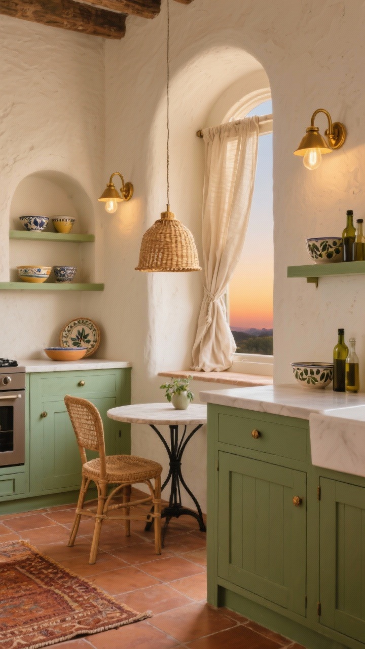 Photorealistic medium shot of a warm Mediterranean kitchen vignette: cream plaster-style walls, sage green cabinets, terracotta tile floor or terracotta-hued rug. A pair of arched brass sconces over a niche or open shelving casts sandy, golden light. A single rattan pendant hangs over a small bistro table for added texture. Style shelves with hand-painted ceramic bowls, olive oil bottles, and a linen window curtain. Sunset-glow atmosphere.