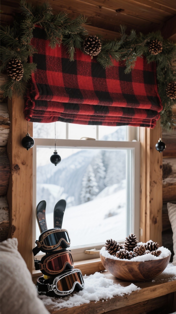Photorealistic medium shot of an Alpine Cabin window: red-and-black buffalo plaid Roman shades (or soft valance) above; pinecone garland along the frame with tiny matte-black ornaments; on the sill, stacked vintage ski goggles and a wooden bowl of mixed pinecones dusted with faux snow; rugged lodge atmosphere; cool daylight with cozy contrast, slight corner angle.