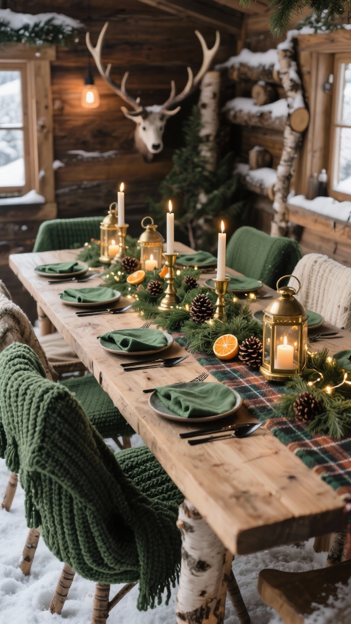 Photorealistic medium shot of an Alpine chalet-inspired dining table in a snow-dusted cabin mood: raw wood dining table, chunky knit throws draped over chairs, warm brass lanterns lining the center over a green garland with pinecones and dried orange slices, tiny battery fairy lights woven through; stoneware plates, linen napkins in pine green with matte black flatware; antler-style candleholders, a plaid runner peeking under the garland, birch log accents; palette of forest green, caramel, cream, matte black; cozy candlelit ambience, no people.