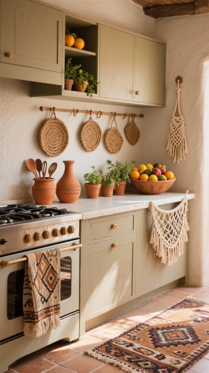 Photorealistic medium shot of an earthy boho counter scene: terracotta utensil pots beside the stove, macramé produce hammock hanging under a cabinet cradling citrus, mini herb planters lined along a narrow sill; woven trivets hanging from a peg rail, terracotta water carafe, handmade clay fruit bowl piled with seasonal fruit; patterned kilim runner warming the tile floor; sunlit, warm, and textural.