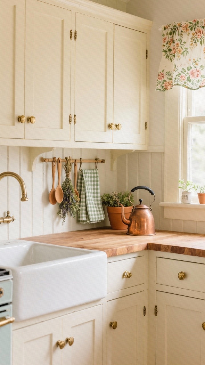 Photorealistic medium shot of cottage-core kitchen vignette featuring buttercream cabinets with antique brass latch hardware and hinges, beadboard end panels; caramel butcher-block counter; floral café curtain under the sink; peg rail with wooden spoons and dried herb bundle; styled with a copper kettle, gingham towel, and terracotta pot; color palette cream, honey wood, sage accents; gentle, cozy daylight