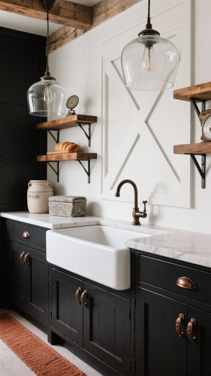 Photorealistic medium shot of high-contrast farmhouse: soft-black lower cabinets with oil-rubbed bronze latches and pulls; white X-panel uppers; deep apron-front farmhouse sink with bridge faucet; warm wood open shelves between uppers; narrow runner in rust tones; oversized clear glass pendants overhead; styled with stone crock, bread box, and vintage scale; rustic yet sharp mood