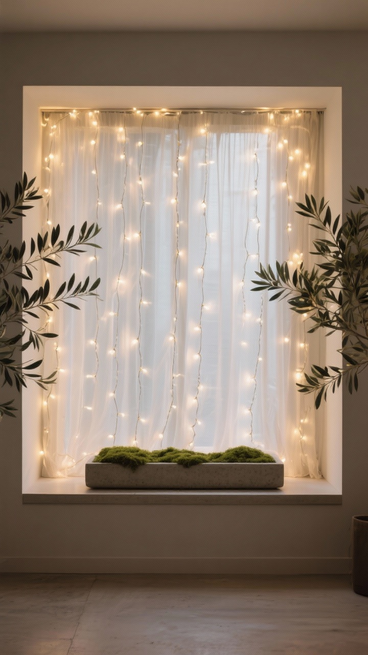 Photorealistic medium shot of Minimal String-Light Curtain and Olive Branches: a curtain of warm white string lights behind sheer drapes, glow diffused and dreamy; olive branches framing both sides; on the sill, a single long concrete planter filled with moss; soft modern ambiance, understated elegance, low-light cozy atmosphere, straight-on view.