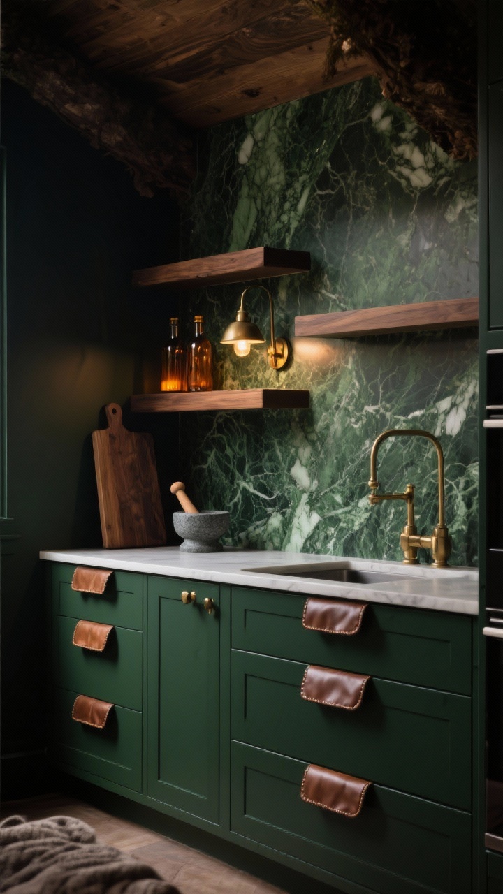 Photorealistic medium shot of moody forest kitchen: deep forest-green cabinets with leather-wrapped pulls; matching veiny green marble or quartzite slab backsplash rising to the ceiling; warm walnut floating shelves; vintage brass sconce casting ambient glow; styled with amber glass bottles, a dark wood board, and an artful mortar and pestle; cozy woodland lounge mood, low warm lighting
