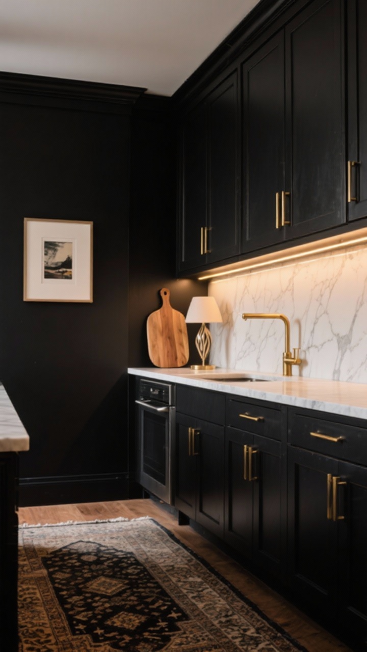 Photorealistic medium shot of moody midnight-modern kitchen with ink-black shaker cabinets and long linear brass bar pulls; warm LED strip lighting tucked under uppers; Calacatta-look quartz counter with matching 6-inch backsplash; a vintage Persian runner on the floor and a single framed art print on the wall; oversized wood cutting board leaning on backsplash and a sculptural table lamp on the counter; color palette black, brass, creamy white; dramatic yet balanced lighting