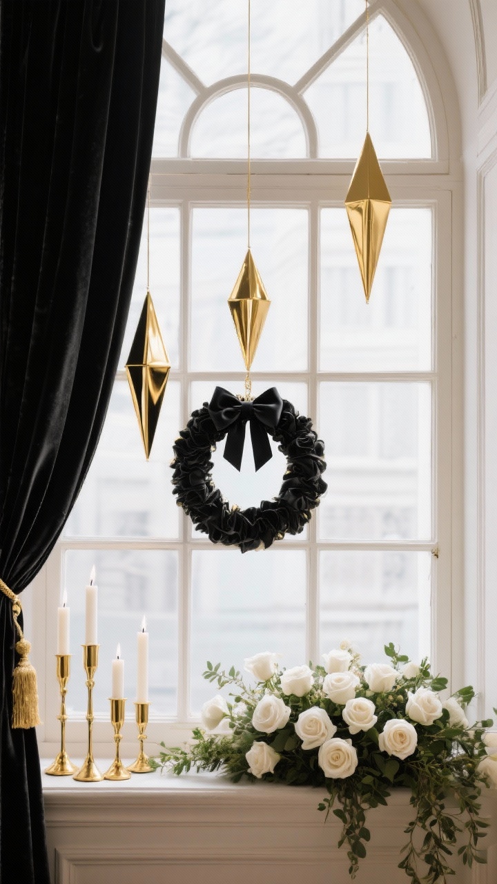 Photorealistic medium shot of Parisian Black-and-Gold Glam window: sleek black velvet ribbon suspending slim gold geometric ornaments in a neat grid; sill styled with gold taper holders and ivory candles beside a low arrangement of white roses and greenery; a slim wreath with a black satin bow; evening glamour with reflective gold highlights; straight-on symmetry.