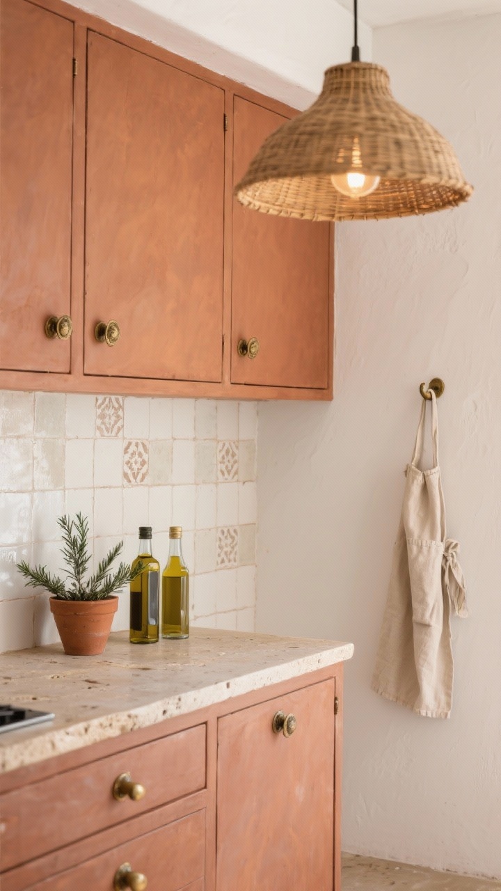 Photorealistic medium shot of terra-cotta warmth: clay-toned cabinets with antiqued brass pulls on backplates; smooth plaster-white walls; travertine-look countertop; chalky off-white zellige tile backsplash with subtle variation; rattan pendant casting a gentle glow; terracotta pots, olive oil bottles, rosemary plant, and a linen apron hanging on a hook; earthy, inviting ambience