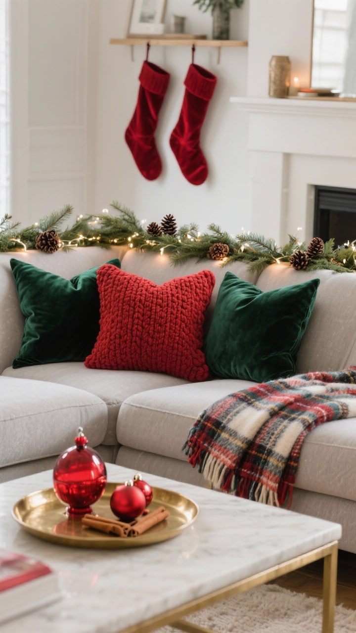 Photorealistic medium shot, straight-on: a neutral oatmeal-gray sofa styled with chunky red knit pillows, deep emerald velvet cushions, and a wool tartan throw draped over the arm. A slim cedar garland with tucked pinecones and warm white fairy lights runs along the top of the couch, glowing softly. In front, a brass tray on the coffee table holds red glass ornaments and cinnamon sticks. Palette: red, emerald, warm white, brass. Textures: knit, velvet, wool plaid. Two red velvet stockings hang on a nearby console in the background.