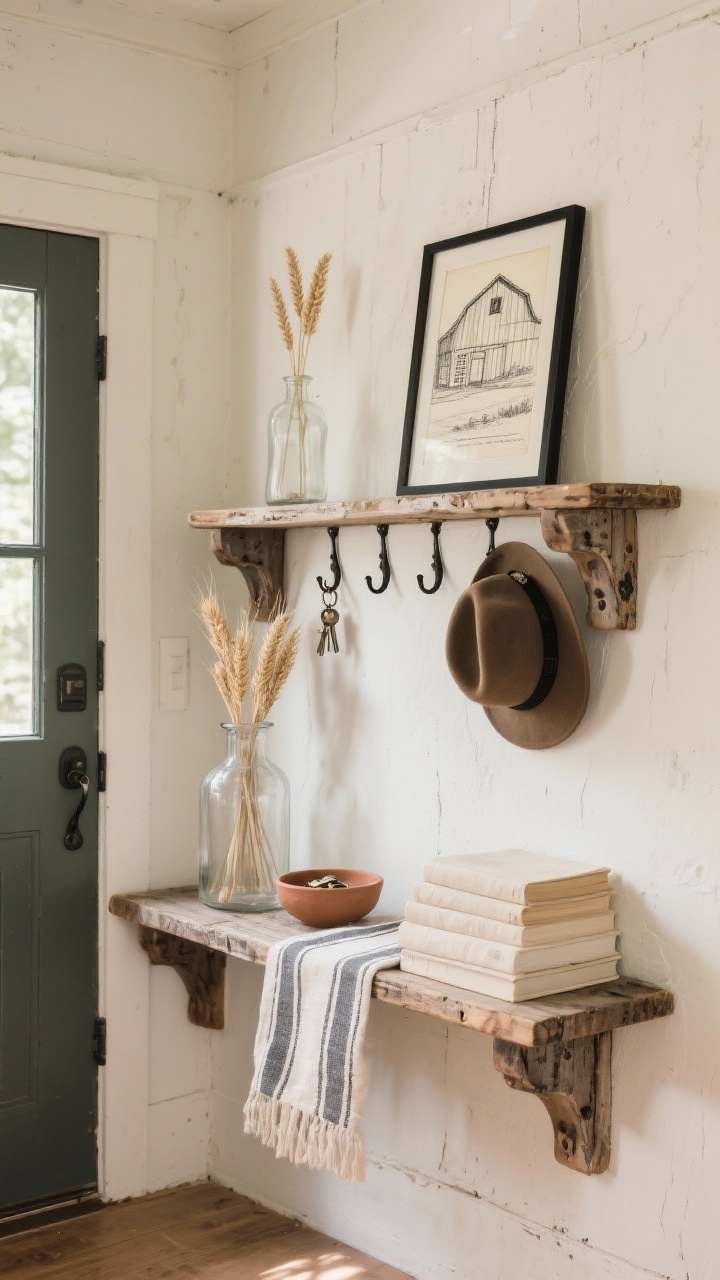Photorealistic medium shot, straight-on: a weathered farmhouse entryway with a distressed oak wall shelf on chunky brackets; black metal hooks beneath hold keys and hats. On the shelf: a thin black-framed vintage barn sketch leaned against the wall, a tall clear glass jug with dried wheat stems, a small clay dish for loose change, a neat stack of cream linen-covered books, and a striped linen runner folded along the front edge. Soft neutral palette with natural wood, warm morning natural light, no people.