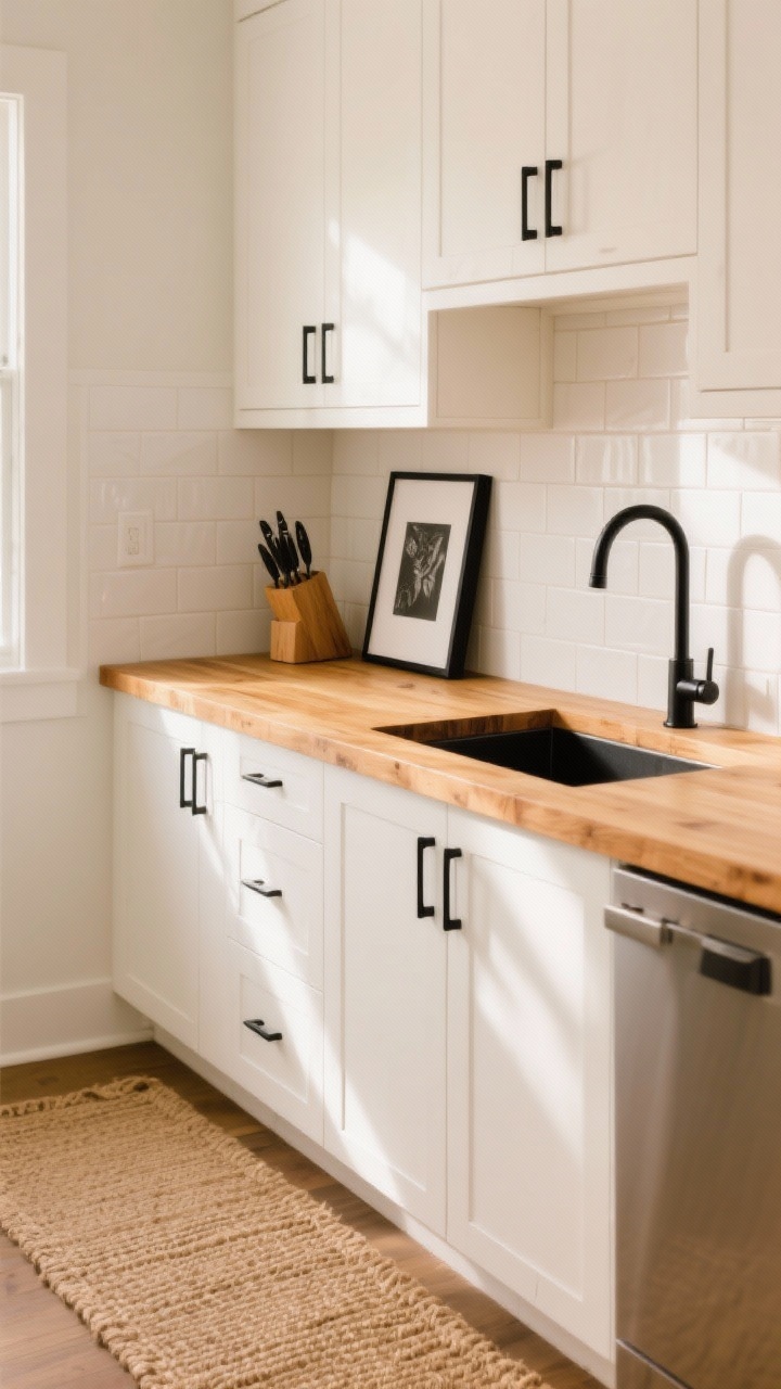 Photorealistic medium shot: warm honey-toned butcher block countertops with warm white (not stark) cabinets, matte black cabinet pulls, and a slim matte black faucet; simple white subway tile backsplash; a jute runner on the floor, wooden knife block on the counter, and a black-framed print leaning against the backsplash; soft natural morning light, organic-modern mood, no people.