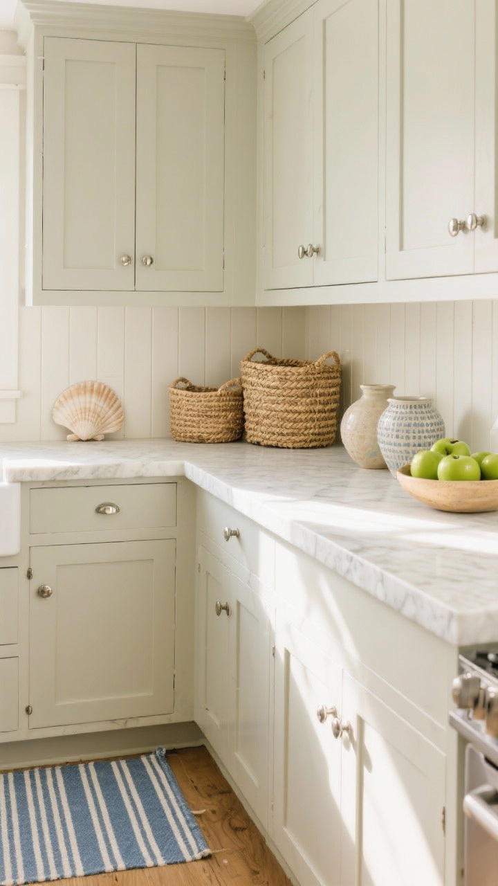 Photorealistic medium shot with coastal calm: buttery light limestone countertop with gentle variation; pale greige cabinets; creamy beadboard backsplash; polished nickel hardware; woven seagrass baskets on an open shelf; striped blue runner along the galley floor; shell-toned ceramics and a bowl of green apples; sun-washed, airy light.