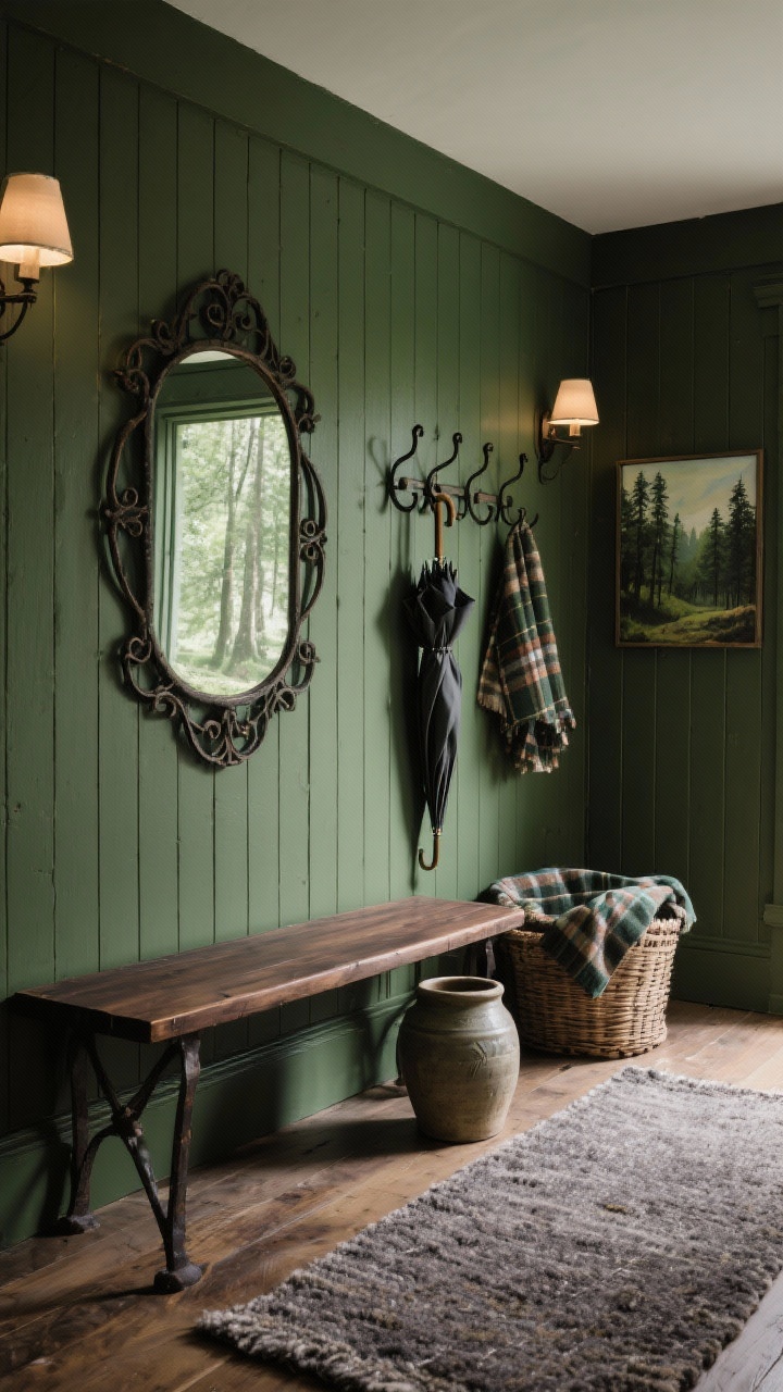 Photorealistic medium shot, woodland rustic mood: beadboard paneling painted deep moss green; dark walnut bench and wrought-iron coat rack; hand-forged iron-framed mirror above; heathered wool runner along the floor; basket of plaid blankets; stoneware crock for umbrellas; small landscape painting in moody greens; cozy, forest-inspired lighting.