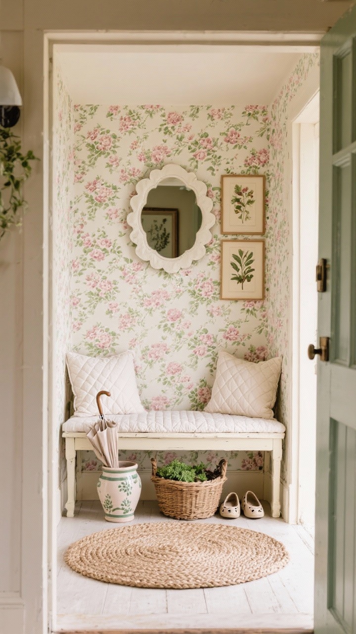 Photorealistic medium, straight-on view of a cottagecore entry: small-scale floral wallpaper in blush, cream, and moss; buttermilk-painted bench topped with quilted cushions; scalloped-edge mirror centered above; braided oval rug on the floor; ceramic umbrella crock, basket of garden clogs, and trio of vintage botanical prints completing the storybook charm.