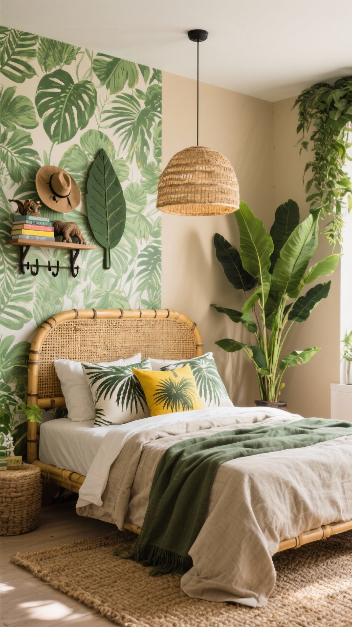 Photorealistic medium view of a Jungle Biome Adventure bed wall: leafy green wallpaper on one wall, warm beige on others; rattan/bamboo headboard, woven pendant light overhead; layered natural textures with linen duvet, palm-print pillows, sisal rug; faux plant corner with tall greenery, animal bookends on a shelf, explorer hats on hooks, leaf-shaped wall shelf; colors in leaf green, tan, black accents, sunny yellow pops; bright filtered daylight.
