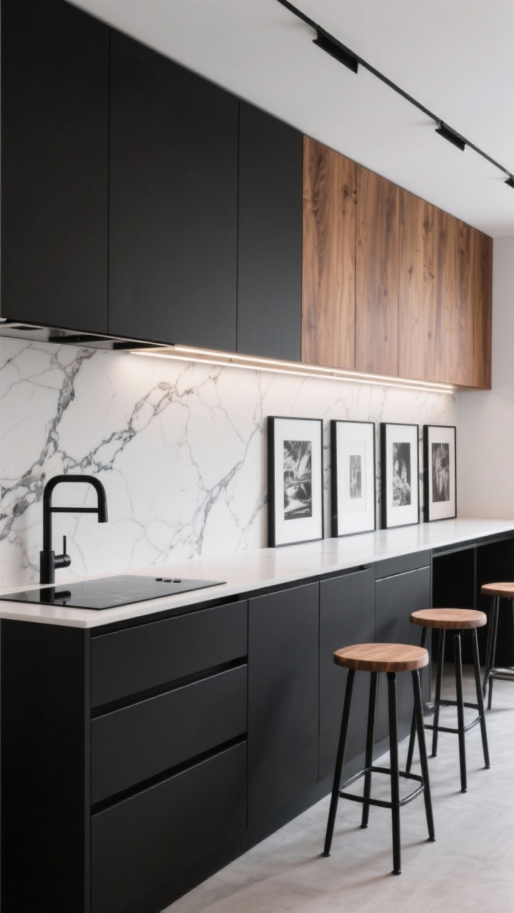 Photorealistic medium-wide shot of a Modern Black-and-Wood Gallery: flat-front black base cabinets with integrated finger pulls, warm walnut upper cabinets, white slab backsplash with bold dramatic veining continuing as a ledge; thin-profile black faucet, compact induction cooktop; framed monochrome prints lined along the backsplash ledge; minimalist linear LED fixture over the counter; stools in black metal with wood seats; crisp, architectural mood; straight-on symmetrical composition.