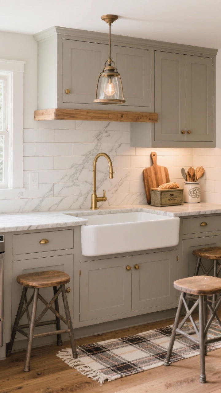 Photorealistic medium-wide shot of a Warm Farmhouse Modern kitchen: greige shaker cabinets, white apron-front sink, muted marble-look countertops; tongue-and-groove backsplash painted warm white; brushed brass pulls; styled with wooden cutting boards, vintage bread box, ceramic utensil crock; lantern pendant overhead and a plaid runner on the floor; cross-back stools at a slim overhang; cozy, welcoming lighting; soft-angle perspective.