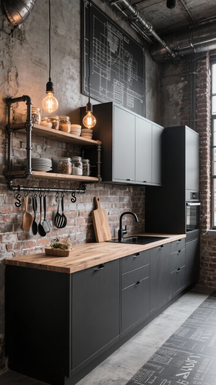 Photorealistic medium-wide shot of an Industrial Loft Edge kitchen: matte black/deep gray cabinets, steel pipe open shelving stocked with dishes and jars, brick veneer backsplash; rough wood cutting boards, matte black faucet/fixtures; Edison-bulb pendants with warm glow; metal rail with S-hooks holding utensils; concrete-look peel-and-stick flooring; oversized typography or blueprint print on wall; gritty, downtown vibe; angled view showing metal and masonry textures.