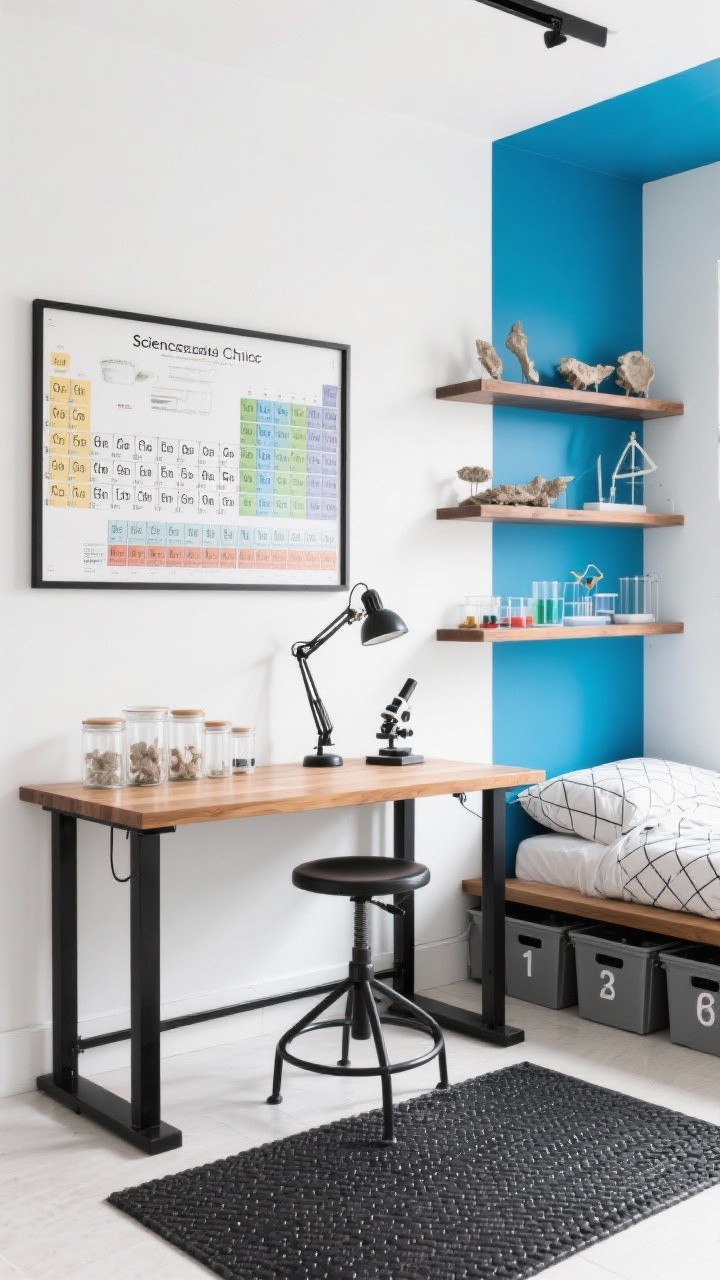 Photorealistic medium workstation shot of Science Lab Chic: crisp white walls with a cobalt accent, black metal and maple wood furnishings; standing-height workbench desk with lab stool, glass canisters organizing supplies, periodic table print above the bed; adjustable task lamps and a clamp-on magnifier light; geometric bedding, numbered bins, rubber-backed utility rug; floating shelves displaying models, fossils, and experiment kits; bright, clean daylight.