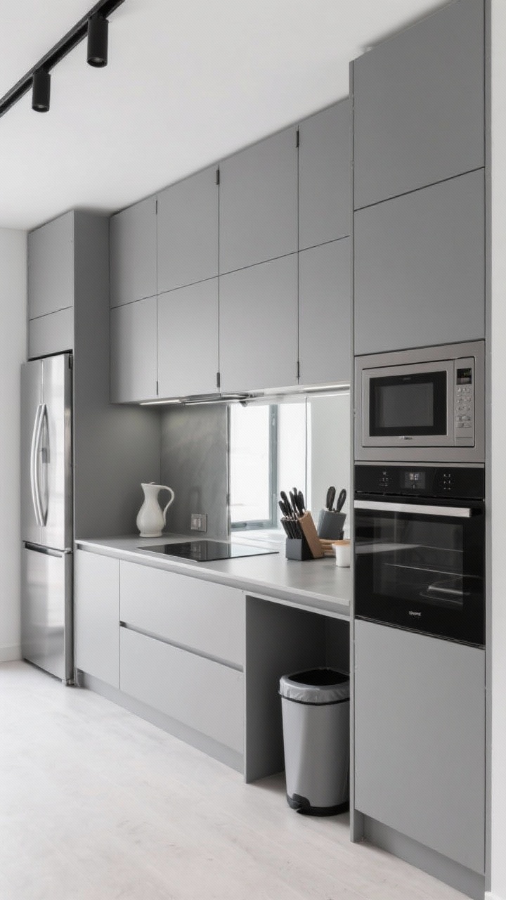Photorealistic minimalist wide shot of a micro-loft kitchen wall with floor-to-ceiling matte gray cabinets using push-to-open hardware and hidden appliances (integrated fridge, microwave, trash); slim black induction cooktop; pocket door pantry slightly ajar; frameless mirror backsplash reflecting light; styling limited to one sculptural kettle, hidden knife block, zero clutter; soft gray, matte black, mirrored chrome palette; crisp, bright lighting