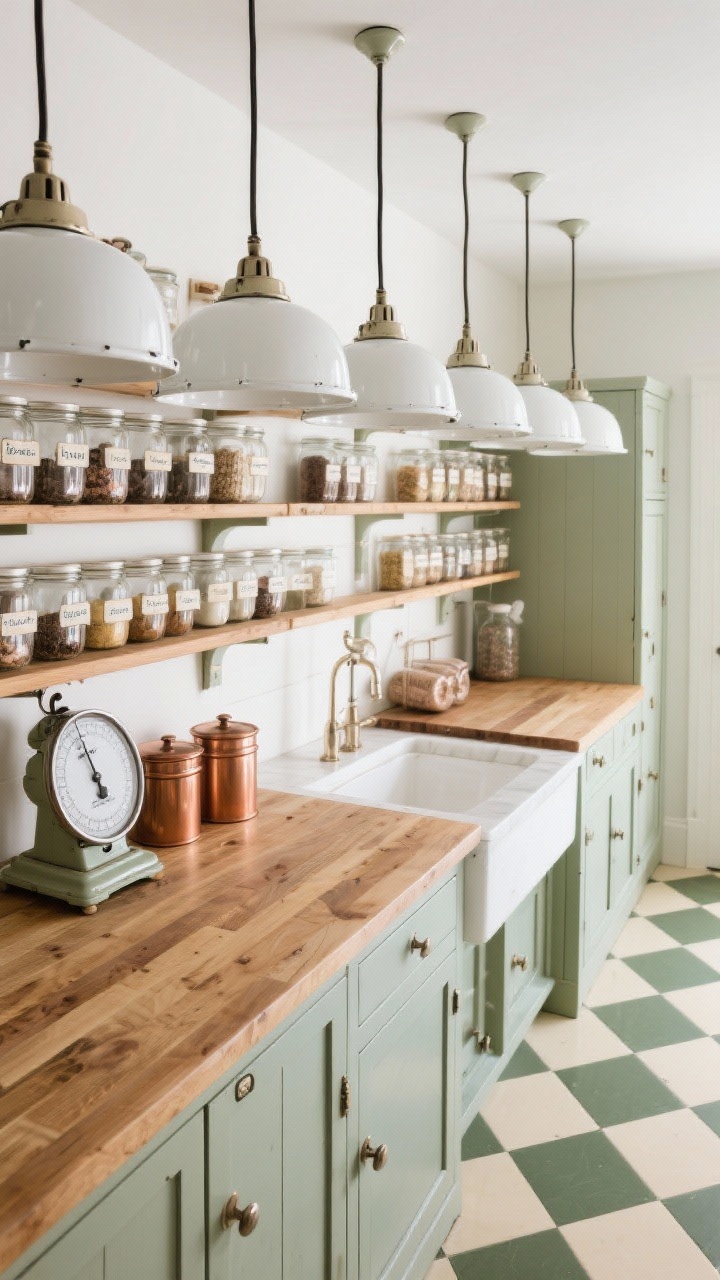 Photorealistic overhead detail of pantry counter: row of glossy enamel factory pendants with white interiors reflecting light onto butcher-block counters; open pine shelving stacked with labeled jars; dusty sage cabinetry; checkerboard linoleum flooring in cream and olive partially visible; vintage scale and copper canisters gleaming under the bounced light; crisp, inviting brightness.