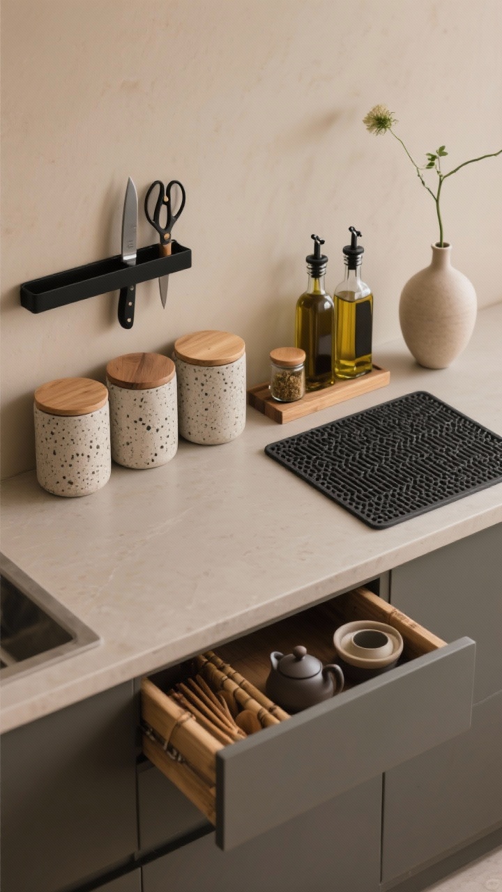 Photorealistic overhead detail shot of a Japandi minimalist setup: speckled stoneware canisters with wooden lids aligned on a warm neutral counter, charcoal silicone drying mat laid beside a sink, low wooden riser elevating bottles of oil and small spice jars; narrow bamboo drawer organizer partially open with tea and utensils, simple black magnetic bar with knives and shears; single Ikebana-style bud vase adding sculptural calm; palette of warm neutrals, charcoal, and soft clay.