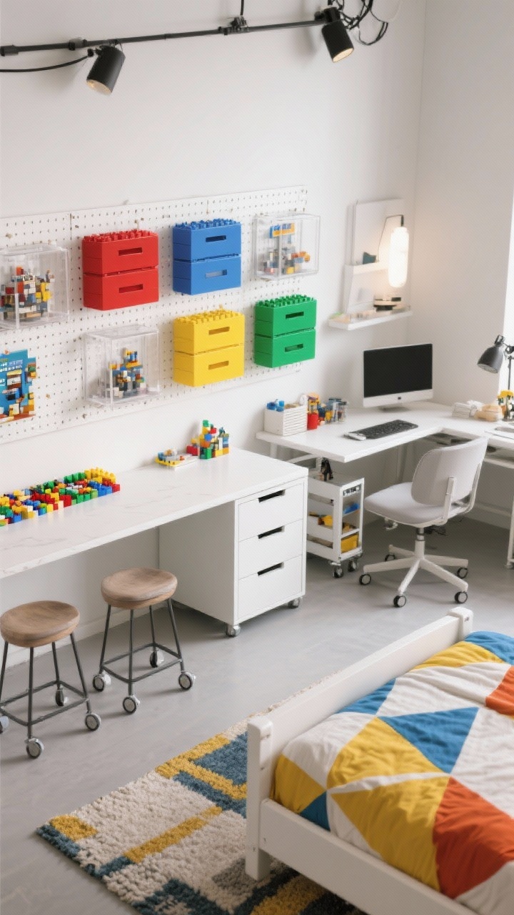 Photorealistic overhead detail shot of a Modern Lego Builder Studio build surface: white walls in the background, counter-height build bar with stools partially visible; primary color blocks used sparingly (red, blue, yellow, green) in organized clear drawers; pegboard grid above outlining favorite sets; simple white bed frame nearby with bright geometric duvet; low-pile rug for easy cleanup, rolling carts under the desk; even studio-like lighting.