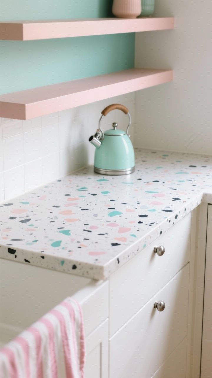 Photorealistic overhead detail: terrazzo countertop with specks of blush, teal, and charcoal as the hero surface; white cabinet edge framing; pastel open shelving in the background echoing colors; mint kettle and pink-striped runner partially visible; matte nickel hardware catches a soft gleam; playful, color-forward composition with diffused daylight.