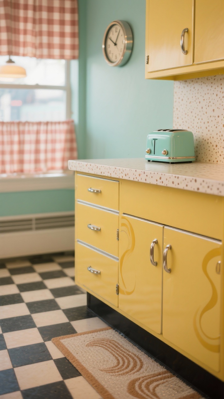 Photorealistic retro closeup: patterned laminate countertop with subtle speckles/boomerang motif, edge detail visible; butter yellow cabinet face with chrome cup pull; checkerboard floor mat just below frame; mint toaster on the counter; diner-style wall clock and gingham café curtains blurred in background; nostalgic, cheerful lighting.