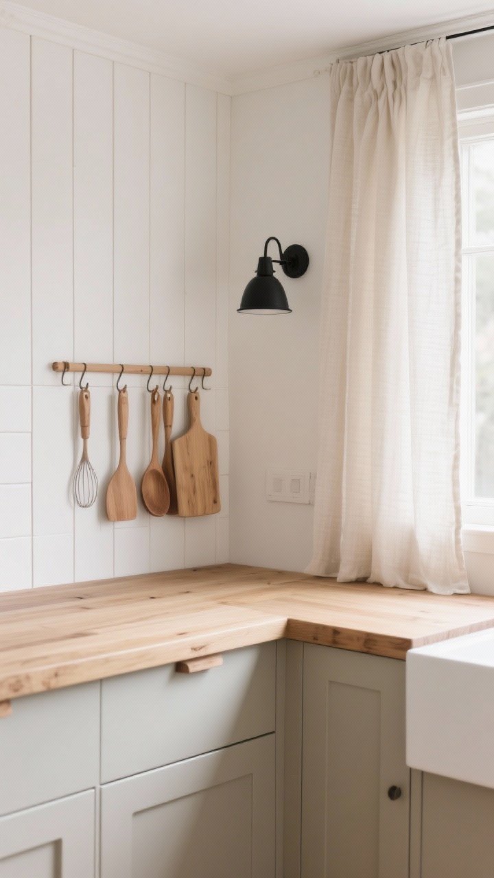 Photorealistic Scandinavian medium shot: light maple butcher block countertop on lowers painted matte mushroom; white tongue-and-groove backsplash; peg rail with wooden utensils neatly arranged; pale linen café curtain filtering light; a single black sconce adding crisp contrast; light, friendly ambiance with soft northern daylight.