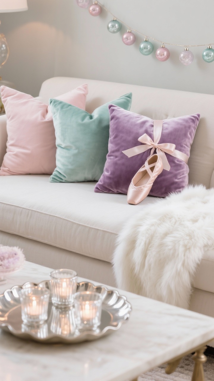 Photorealistic soft-focus medium shot: blush, mint, and lavender pillows in velvet and satin on a neutral sofa, paired with a white faux fur throw. A delicate string of pastel glass ornaments drapes along the back of the couch. Coffee table features a scalloped tray with mercury glass votives glowing warmly. Palette: blush, mint, lavender, white. Textures: velvet, satin, faux fur, mercury glass. A ribbon-tied ballet slipper ornament rests on a pillow corner.