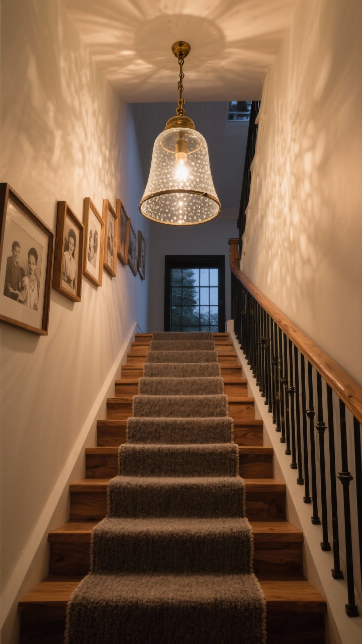 Photorealistic stairwell wide vertical shot: oversized bell jar lantern with seeded glass suspended by aged brass hardware in the stair void, scattering dappled light along chunky oak treads; black steel balusters; gallery-style walls with sepia family photos in varied wood frames; narrow heathered wool runner on steps; warm, dramatic evening glow; upward-looking perspective.