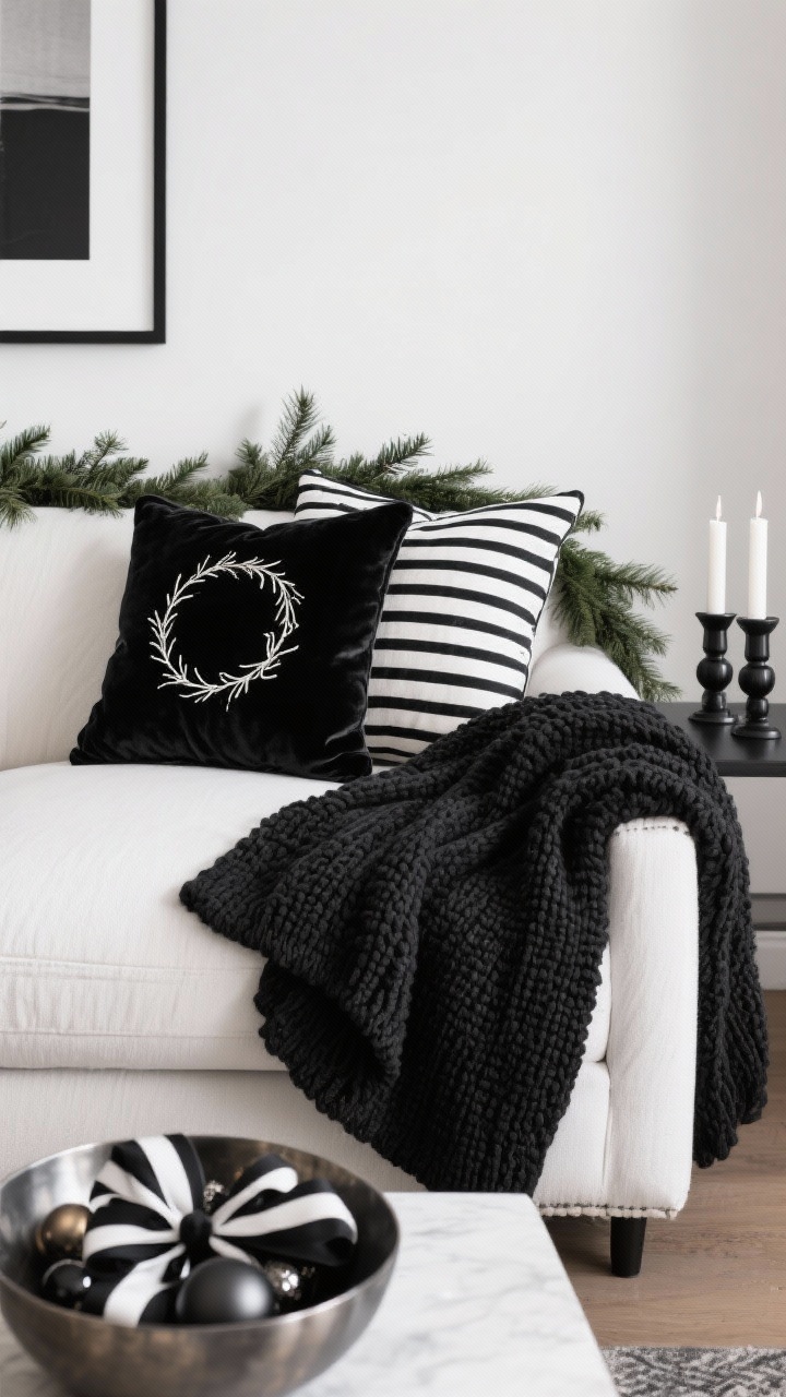 Photorealistic straight-on, graphic composition: sofa with crisp black-and-white striped pillows and a black velvet cushion embroidered with a minimalist wreath. Chunky black knit blanket folded over the arm. A simple cedar garland rests along the couch back. On a side surface, a matte black candleholder with tapered white candles. Palette: black, white, evergreen. Textures: velvet, chunky knit, matte metal. In a bowl, ornaments tied with black-and-white ribbon bows.