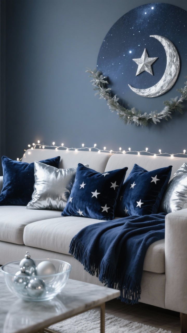Photorealistic straight-on medium shot, moody ambience: deep navy velvet pillows and silver/pewter starry metallic cushions on a neutral sofa. A midnight blue throw with subtle fringe. A strand of tiny cool-white micro-lights runs along the top of the couch, creating a night-sky effect. On the wall, a brushed silver moon-and-star garland. Palette: navy, silver, pewter, cool white. Textures: velvet, metallic linen, twinkly lights. A clear bowl of frosted glass ornaments on the coffee table.