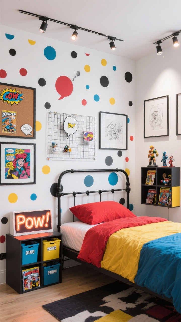 Photorealistic straight-on medium shot of a Cosmic Comic Book Universe feature wall: crisp white walls with a bold comic dot-pop mural, black metal bed with color-block bedding in red, yellow, blue; lightbox marquee on the nightstand displaying “Pow!”; cube shelves with labeled bins for issues and figures; framed comic covers, speech bubble corkboards, wire grid for sketches; track lights spotlighting collectibles; bright gallery-style lighting, punchy graphic mood.