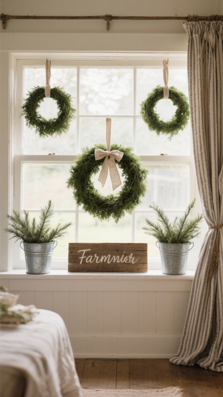 Photorealistic straight-on medium shot of a Farmhouse Window With Wreath Trio: three simple boxwood wreaths hung with wide linen ribbon—large center, two smaller flanking; sill with galvanized buckets filled with cedar cuttings and a wooden hand-lettered sign; ticking stripe curtain pulled to the side; rustic textures, soft warm farmhouse light.