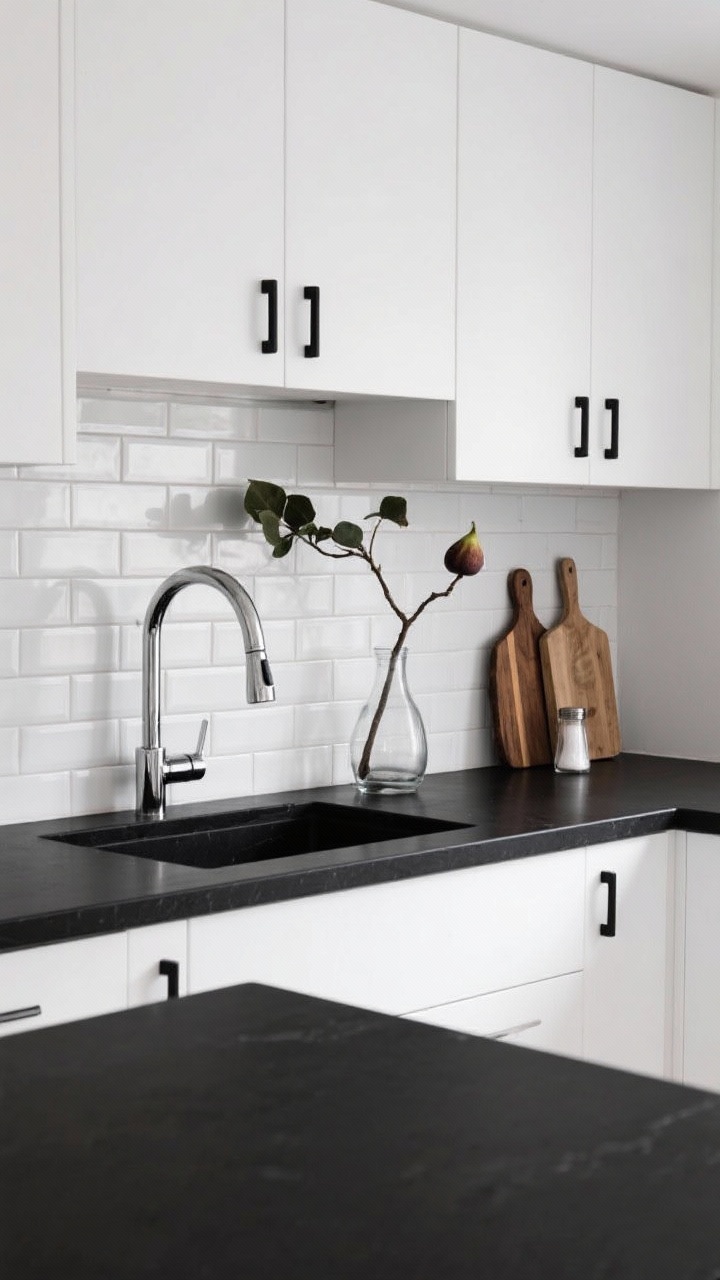 Photorealistic straight-on wide shot: jet-black quartz countertops paired with bright white cabinets; stacked white subway backsplash with crisp lines; black bar pulls, high-arc stainless faucet; wood accents including cutting boards and a small salt cellar; a single fig branch in a clear vase for sculptural height; gallery-like, high-contrast lighting.