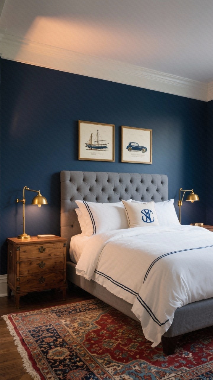Photorealistic straight-on wide shot of a Classic Navy-and-Brass Gentleman’s Room: navy feature wall behind a gray tufted upholstered bed, persian-style rug with muted reds and blues, brass swing-arm sconces flanking the bed, wood campaign chest as a nightstand; palette of navy, brass, walnut, cream; bedding in crisp white with navy piping and a monogram pillow; framed illustrations of vintage cars/ships; soft warm evening lighting.