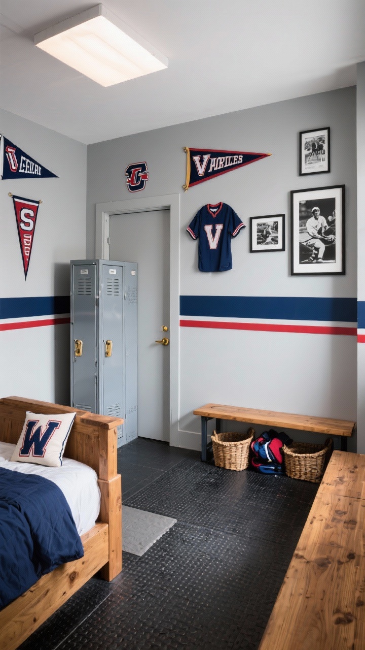 Photorealistic straight-on wide shot of a Retro Varsity Locker Room: soft gray walls with a bold navy stripe running horizontally at chair-rail height, sturdy wood bed with navy bedding and a varsity-letter pillow; metal locker wardrobe, rubber gym floor mat by the door; wall decor of pennants, framed team jerseys, and black-and-white sports photography; classic wooden bench with baskets underneath for gear; accents in navy, red, white with hints of brass; bright, even daylight.