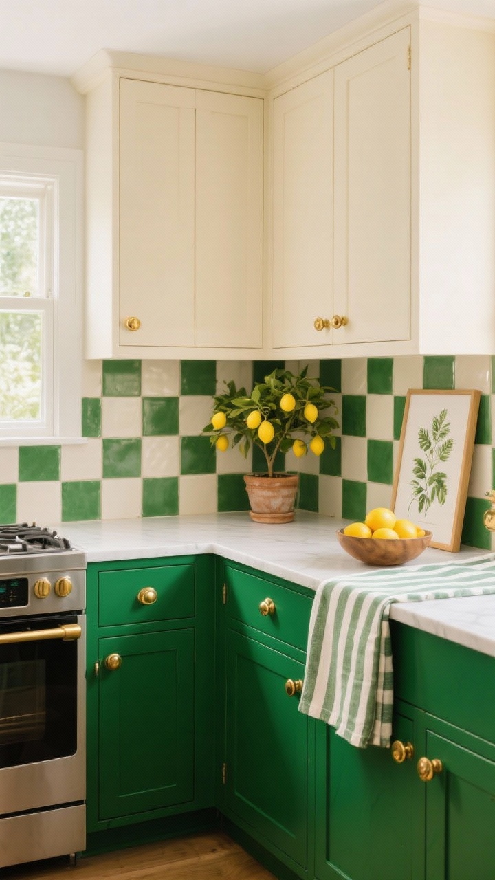 Photorealistic straight-on wide shot of bold color-block kitchen: emerald green lower cabinets with brass cup pulls, cream uppers with brass knobs; slim, simple countertops; checker tile backsplash in cream and green; unlacquered brass hardware patina; a potted lemon tree in the corner; styled with citrus bowl, striped runner, and a botanical print; bright, cheerful lighting