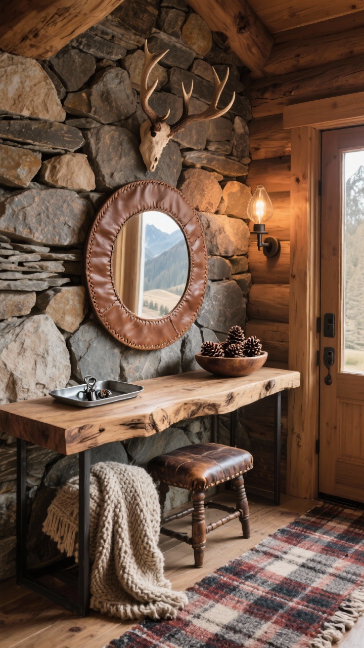 Photorealistic wide angled view of a lodge-style entry: stacked stone accent wall, rugged live-edge wood console, round stitched leather mirror above; a single antler hook on the wall; plaid wool runner along the floor; hammered-metal tray for keys on the console; worn leather stool tucked beneath; chunky knit throw draped and a bowl of pinecones; warm mountain hideaway lighting.