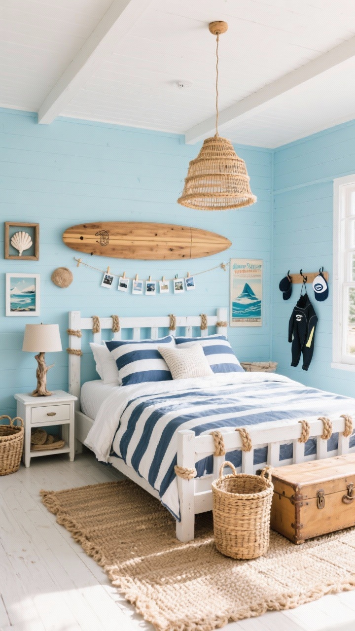 Photorealistic wide beachy bedroom scene of a Coastal Surf Shack: soft sky-blue walls, whitewashed furniture with rope/rattan details, a wood surfboard mounted above the bed like art; striped navy-and-white duvet with ocean-inspired pillows, woven jute rug; rattan pendant light overhead, driftwood table lamp on a nightstand; vintage surf posters, shell shadow boxes, and a DIY photo line with mini clothespins; wicker baskets, trunk bench for wetsuits, wall hooks for caps; bright airy daylight.