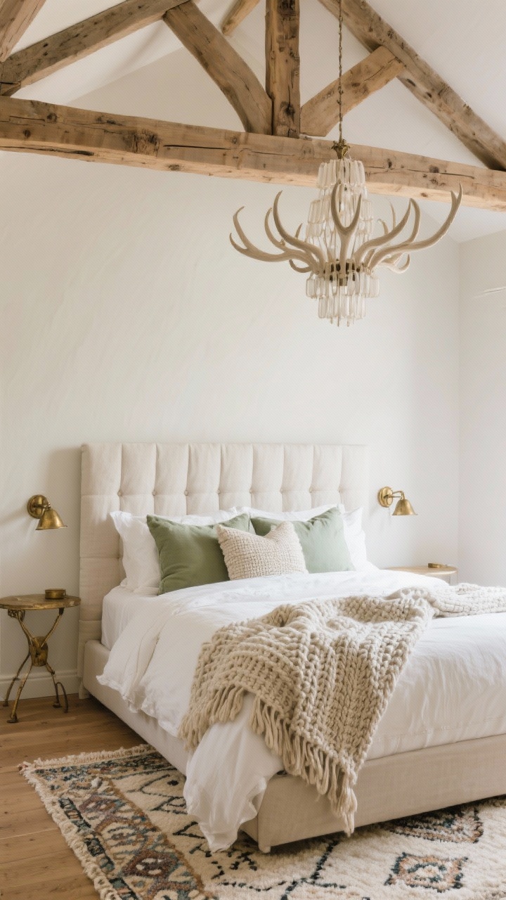 Photorealistic wide bedroom: timber-framed space with exposed beams lightly limewashed; pale antler-style chandelier over a padded linen headboard; palette of chalky whites and oatmeal linens with soft sage throw pillows; antique brass pivoting bedside task sconces; chunky knit throws and a Moroccan wool rug add plush texture; soft, diffused, warm lighting; straight-on view toward the bed.