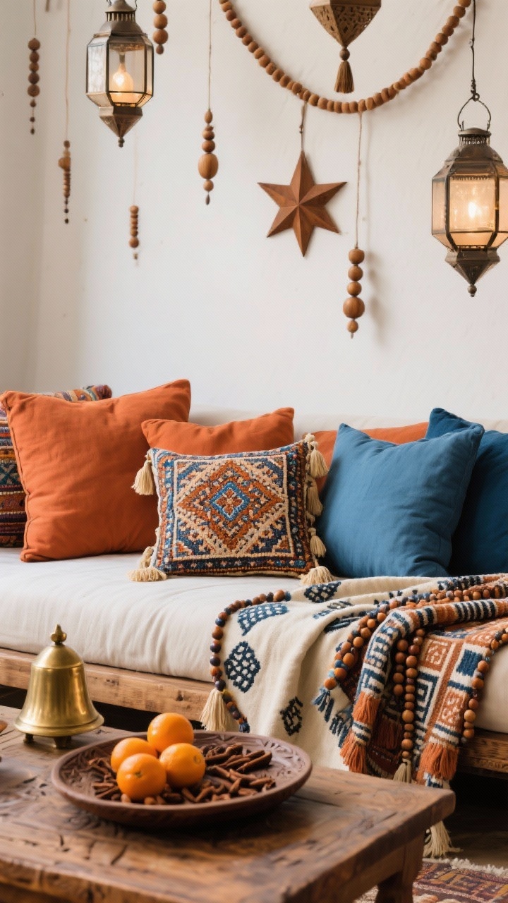 Photorealistic wide boho scene: sofa layered with terracotta and indigo pillows, plus an embroidered suzani-style cushion. A tasseled, block-printed throw spills casually over the seat. Overhead, star lanterns hang at varied heights; wooden bead garlands are scattered. A hand-carved tray on the table holds clove-studded oranges and brass bells. Palette: terracotta, indigo, ivory, brass. Textures: embroidery, tassels, carved wood. Beaded garland draped over an armrest.