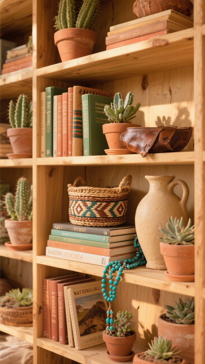 Photorealistic wide bookshelf scene, sunlit: a honey-toned wood bookcase layered with sunbaked hues—terracotta, clay, and cactus green. Styled with terra-cotta planters holding succulents, a woven Navajo-style basket, a stack of vintage National Geographics, a distressed leather catchall, turquoise bead strands draped over books, and a sand-colored pottery jug. Warm, airy desert vibe with golden late-afternoon light.