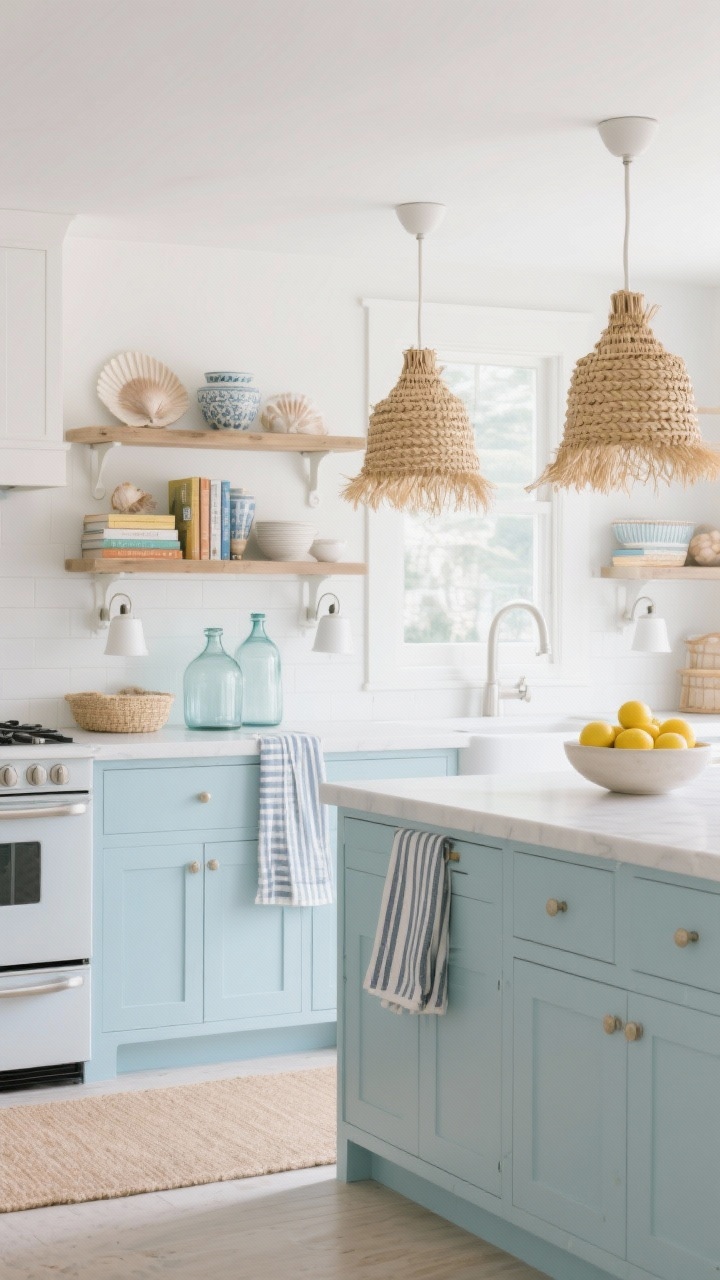 Photorealistic wide coastal kitchen: pale blue lower cabinets, white uppers, sandy-toned runner along the floor. Two woven seagrass pendants hang over the island or eat-in counter, filtering a gentle beachy light. Matte white swing-arm sconces near open shelving spotlight shells, cookbooks, and ceramics. Style with large glass jugs, striped towels, and a bowl of lemons. Fresh, breezy, salt-air vibe.