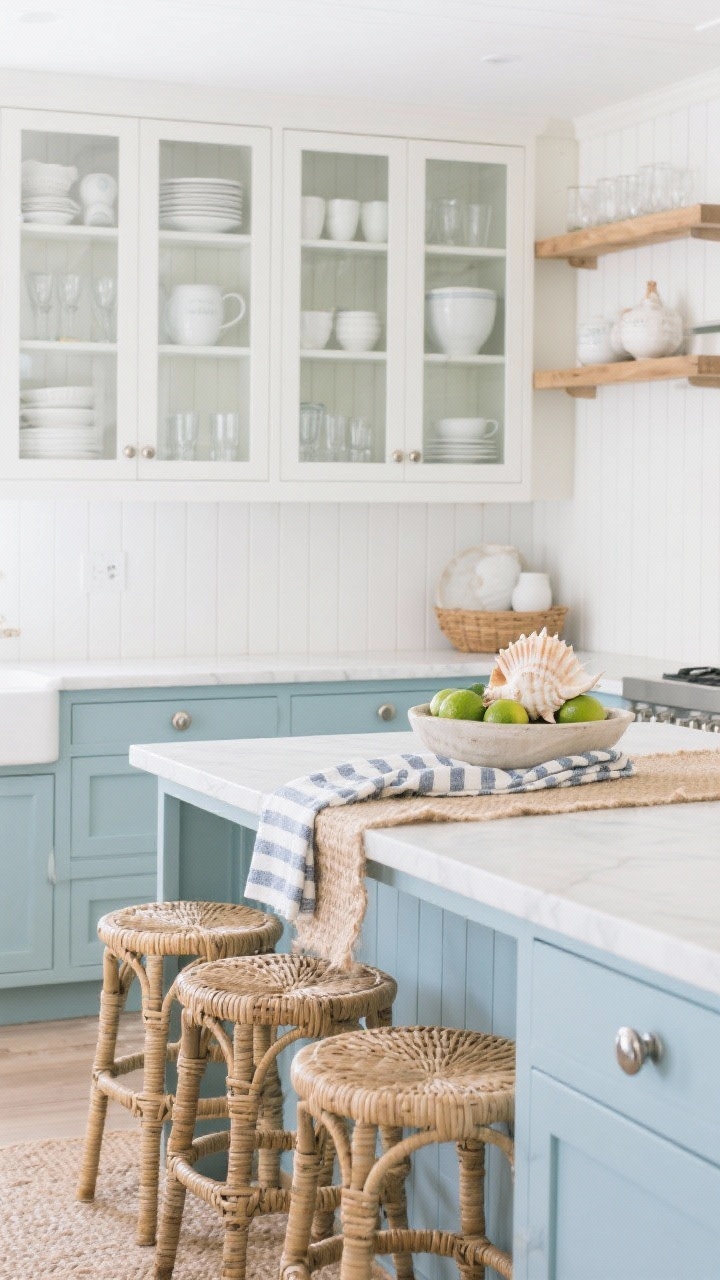 Photorealistic wide coastal kitchen scene with soft sea-salt blue lower and upper cabinets, glass-front uppers displaying stacked white stoneware and clear tumblers; slim white oak shelves; white beadboard backsplash; woven rattan counter stools; sandy jute runner; polished nickel knobs; styled with seashells in a bowl, striped tea towels, and fresh limes; breezy, light-filled atmosphere