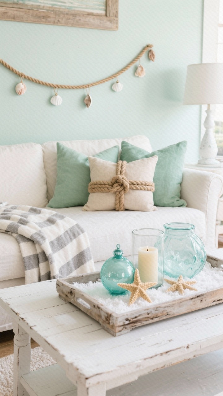 Photorealistic wide coastal living room: airy sofa with sea-glass green and sandy beige pillows, plus a soft striped throw in driftwood gray. A thin rope garland with tiny shells and white bells runs along the back. Coffee table shows a whitewashed tray with frosted aqua ornaments, starfish accents, and a hurricane filled with faux snow and a pillar candle. Palette: sea-glass green, sandy beige, driftwood gray, white. Textures: linen, rope, frosted glass, whitewashed wood. A knotted rope pillow adds a nautical nod.